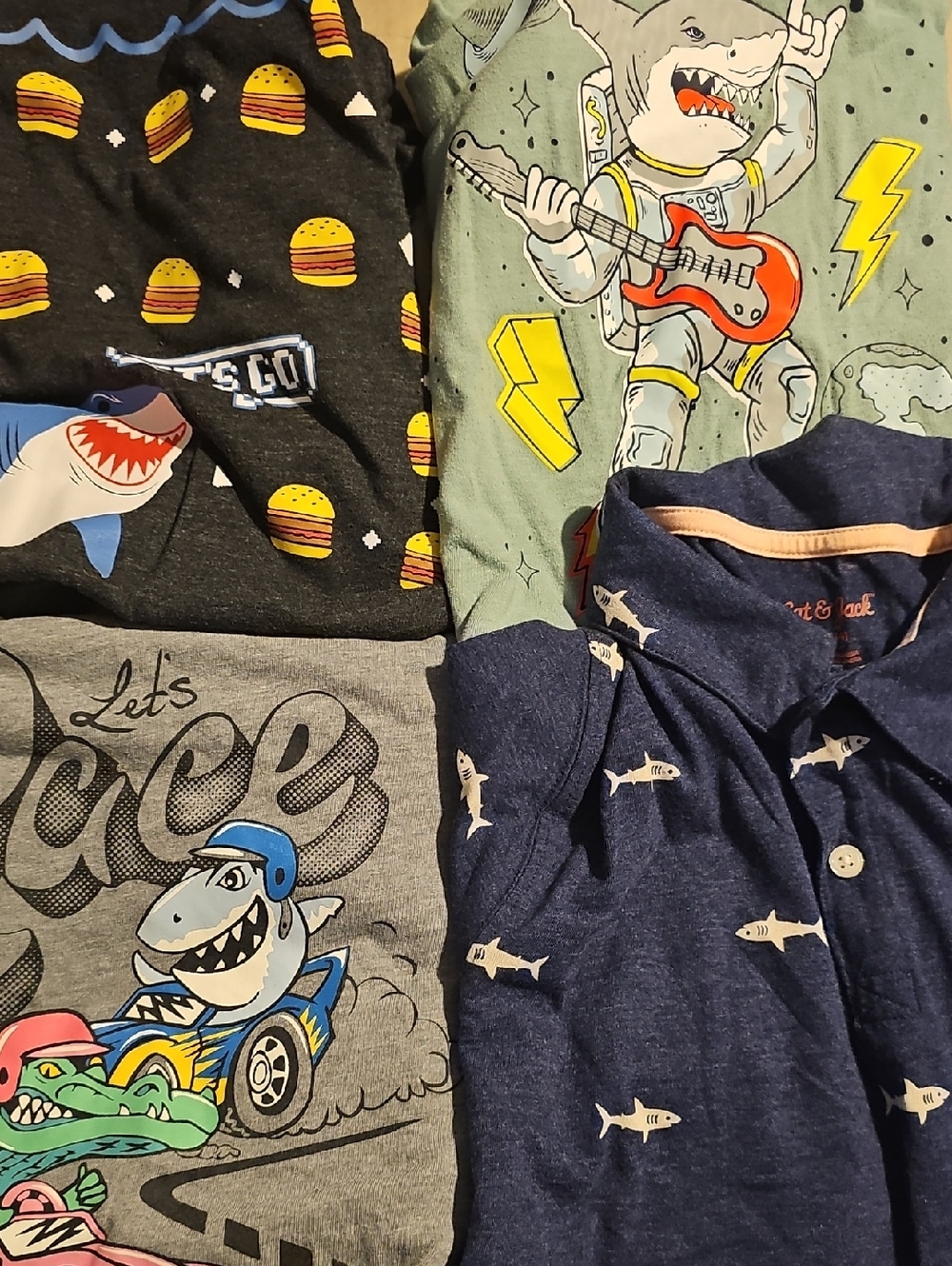 Cat & Jack Lot Of 4 Boys Xl(14/16) Shark Theme Short Sleeve Shirts